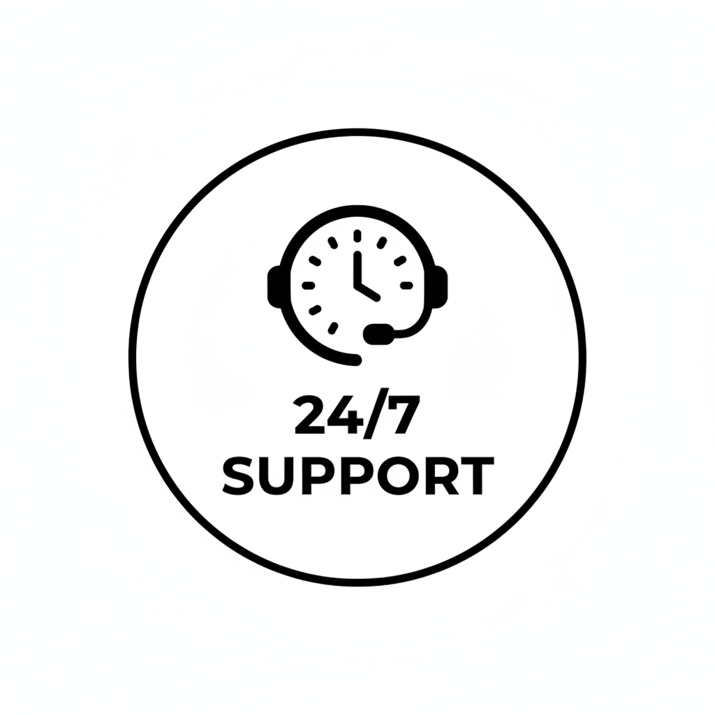 24 hour support in white background and black letter icon
